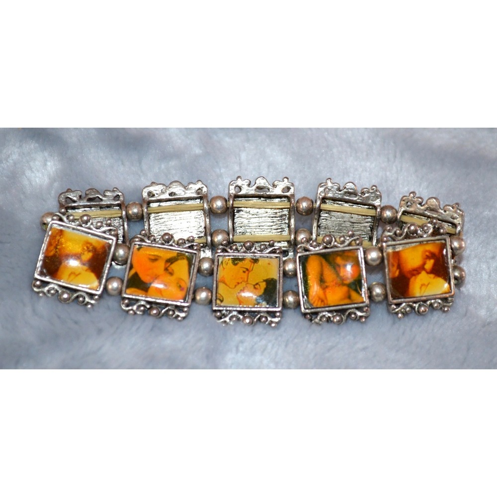 Vintage Silver Tone Cocktail Stretch‎ Picture Bracelet Flexible Metal Panels 7"